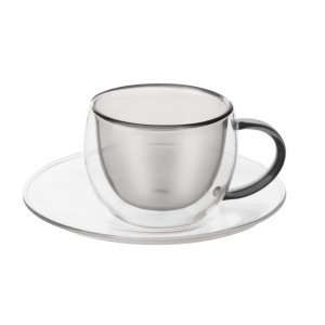Dvoustěnný hrnek s podšálkem DOUBLE espresso 0,1 l, šedý, sada 2ks