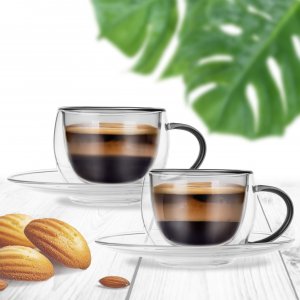 Dvoustěnný hrnek s podšálkem DOUBLE espresso 0,1 l, šedý, sada 2ks