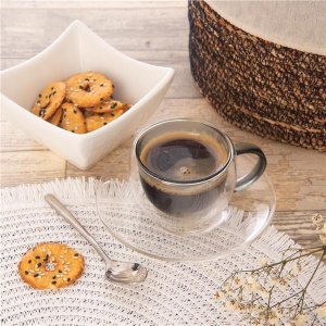 Dvoustěnný hrnek s podšálkem DOUBLE espresso 0,1 l, šedý, sada 2ks