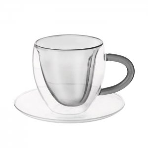 Dvoustěnný hrnek s podšálkem DOUBLE srdce 0,2 l, šedý, sada 2ks