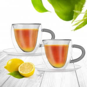 Dvoustěnný hrnek s podšálkem DOUBLE srdce 0,2 l, šedý, sada 2ks