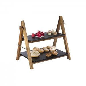 APS stojan servírovací, 2-patrový 36,5 cm, v. 26,5 a 34 cm, dřevo/břidlice