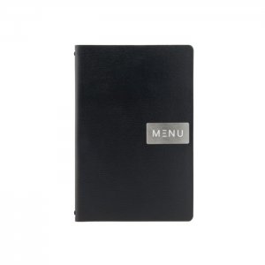 Securit lístek jídelní A5 s kov. štítkem MENU, lepená kůže s jemn. povrchem, barva černá